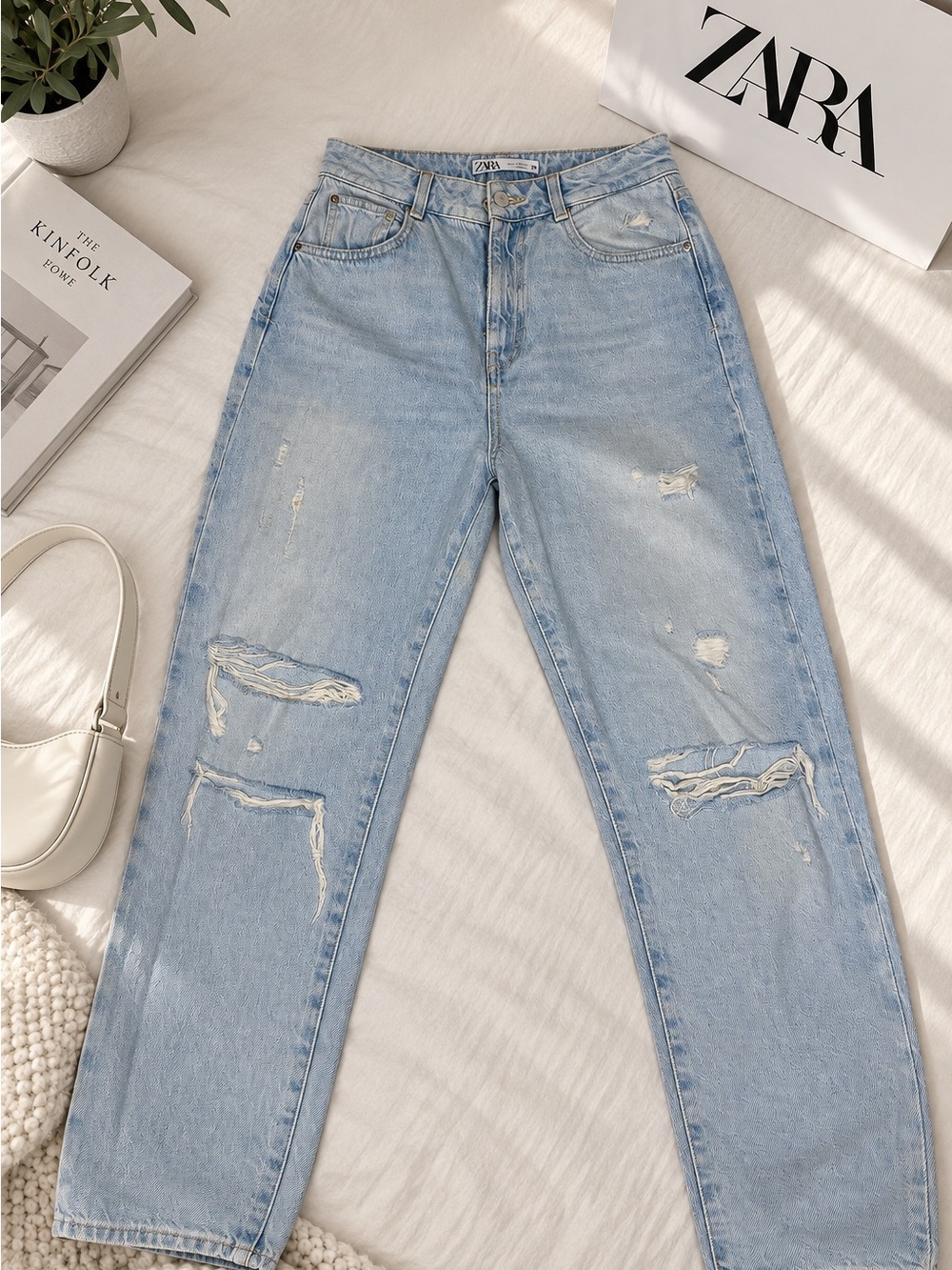 Zara Light Blue Distressed Boyfriend Jeans